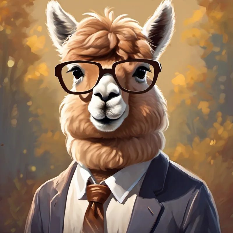 A smart alpaca with brown fur and glasses.'s great-grandfather, a clumsy alpaca, helping others