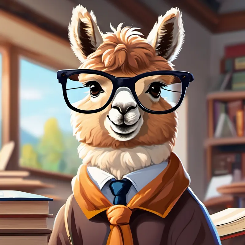 Young A smart alpaca with brown fur and glasses., a smart alpaca studying at boarding school