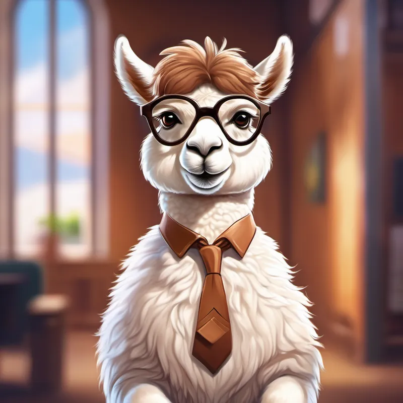 A smart alpaca with brown fur and glasses., a business school graduate helping people