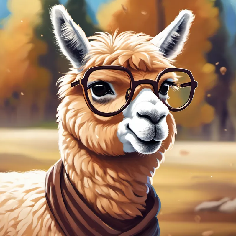 A smart alpaca with brown fur and glasses., a clumsy alpaca helping others