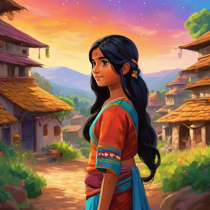 Young Indian girl with long black hair and sparkling brown eyes , a young girl with long black hair and sparkling brown eyes, standing in a colorful Indian village.
