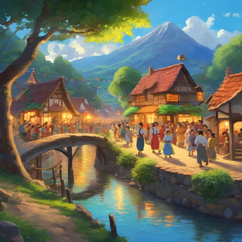 Arishfa surrounded by happy villagers, celebrating their newfound prosperity, the village shining brightly with joy.