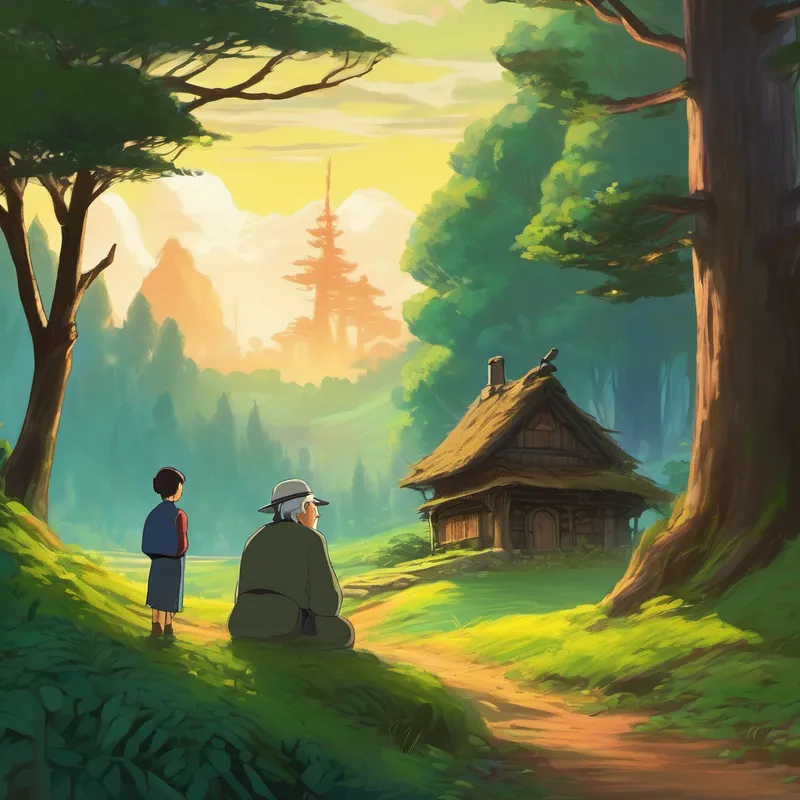 Arishfa listening attentively to a village elder, with a mysterious enchanted forest in the background.