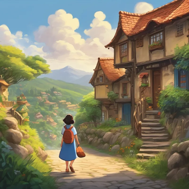 Arishfa packing her bag and waving goodbye to her family, ready to embark on her adventure. The village behind her is filled with excitement and encouragement.