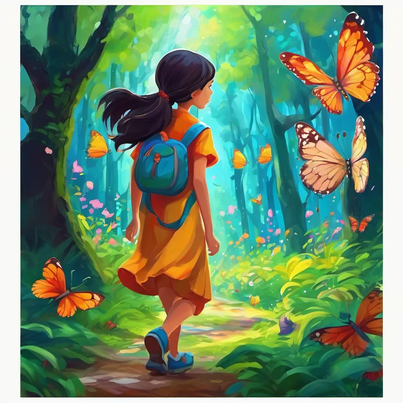 Arishfa cautiously walking through the mystical forest, with colorful butterflies and talking animals all around her.