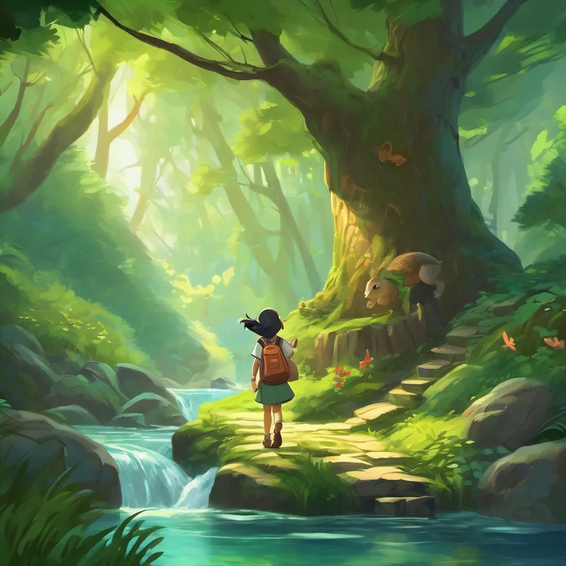 Arishfa overcoming obstacles like a puzzle and a river with the help of friendly forest creatures, each step bringing her closer to the artifact.