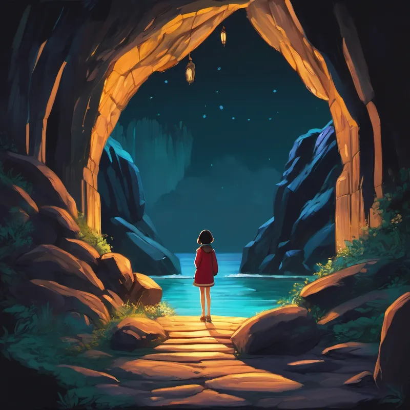 Arishfa standing in front of a dark and mysterious cave entrance, with a glimmer of hope in her eyes.