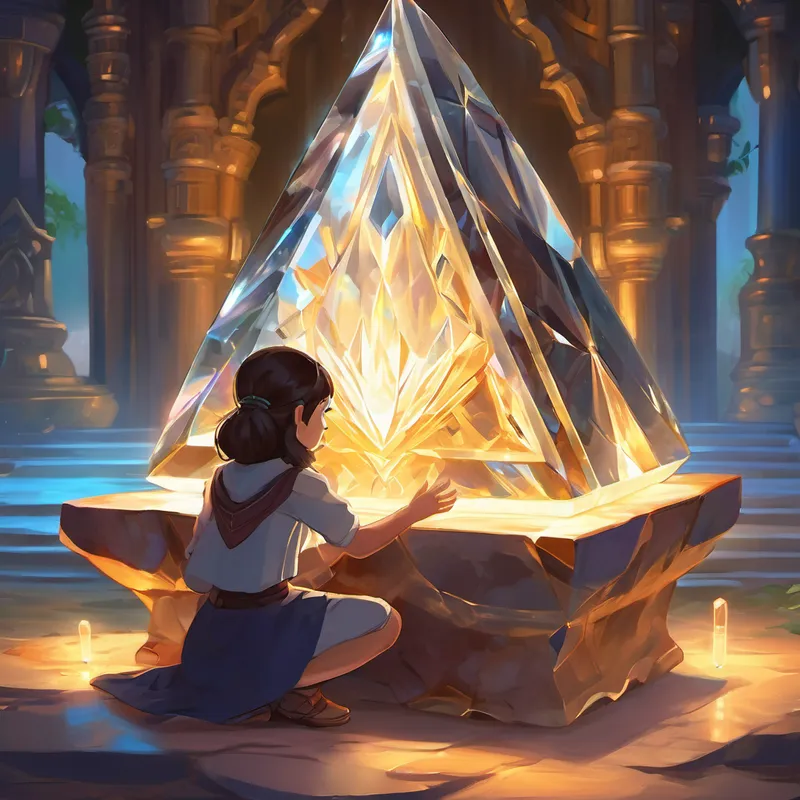 Arishfa kneeling in front of the magical artifact, a beautiful glowing crystal, holding it carefully in her hands.