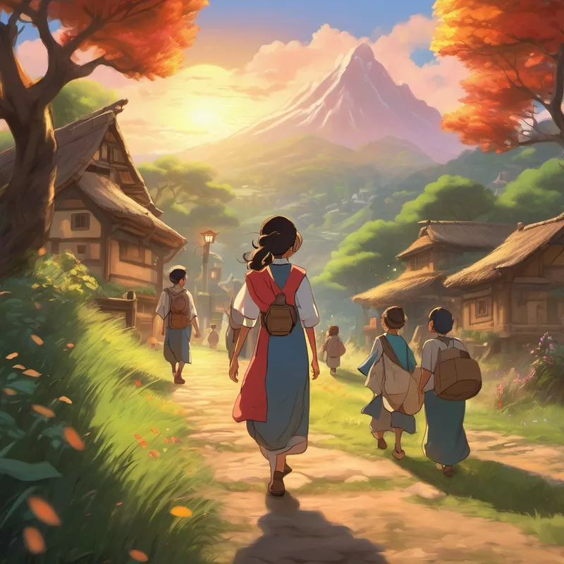 Arishfa triumphantly walking back to her village, clutching the glowing crystal, surrounded by grateful villagers eager to see the artifact's magic.