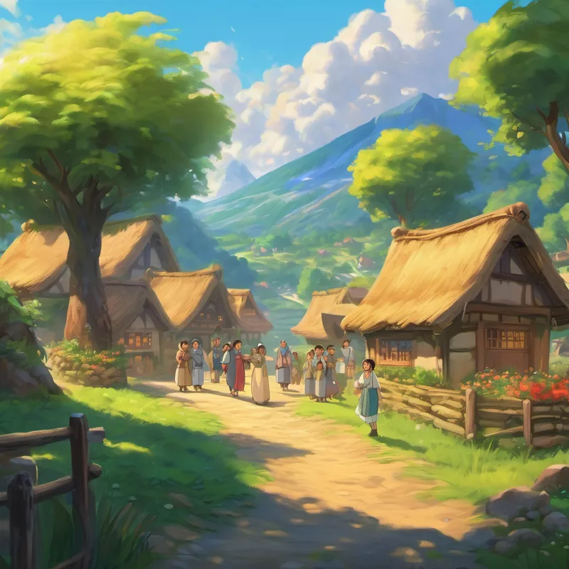 Arishfa standing in the middle of her village, the magical crystal radiating its warm light, and the villagers rejoicing in its presence.