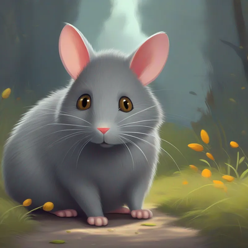 Un Ratón pequeño y travieso, color gris y ojos curiosos. bromista juega malas pasadas a un Gato grande y cansado, pelaje gris y ojos amarillos..