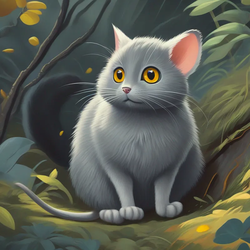 El Ratón pequeño y travieso, color gris y ojos curiosos. cae en la trampa y el Gato grande y cansado, pelaje gris y ojos amarillos. se ríe.