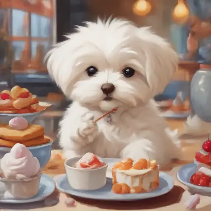 Introducing Playful Maltese puppy with white fluffy fur and bright eyes, being surrounded by and eating sweet desserts