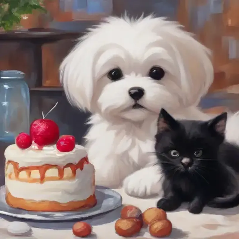 a Maltese puppy with white fluffy fur and bright eyes and sweet desserts around this puppy, a small black kitten came close to the dog.
