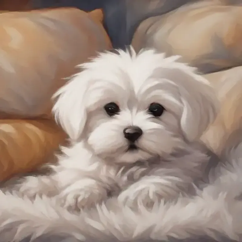 Introducing Playful Maltese puppy with white fluffy fur and bright eyes, sleeping on a cozy cushion at its home.