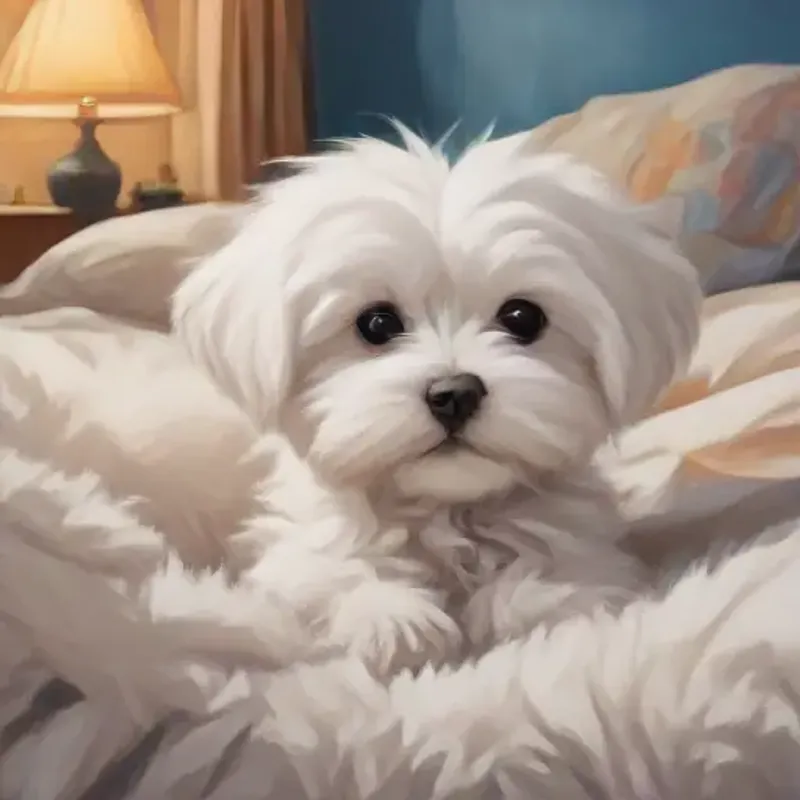 Introducing Playful Maltese puppy with white fluffy fur and bright eyes lying on a cushion inside a bedroom