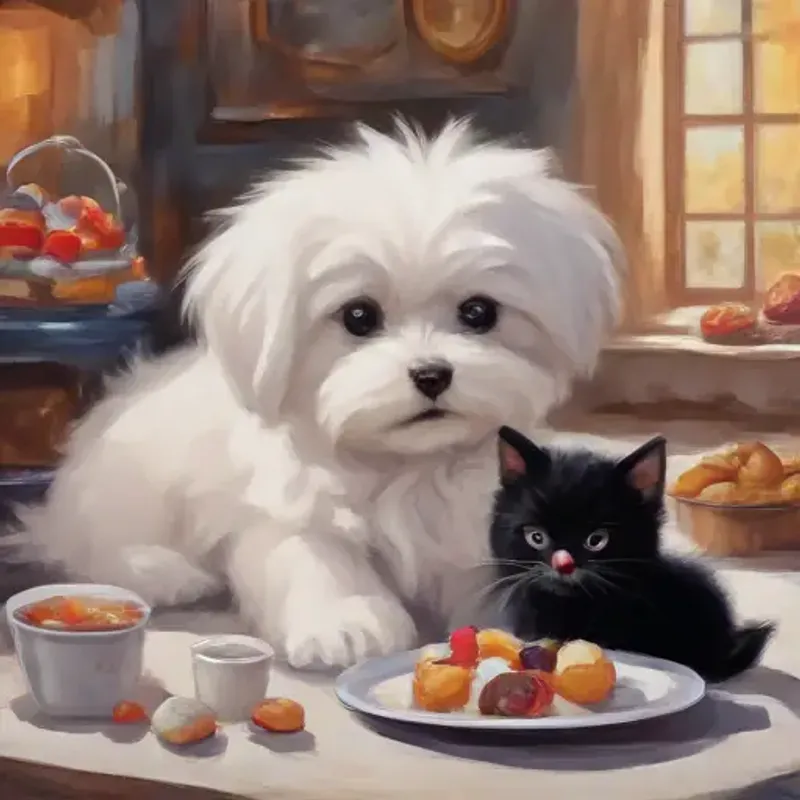 a Maltese puppy with white fluffy fur and bright eyes and sweet desserts around this puppy, a small black kitten looks at the dog.