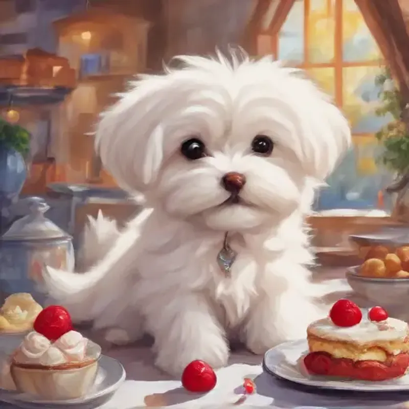 Introducing Playful Maltese puppy with white fluffy fur and bright eyes, being happy in a beautiful land with delicious sweet desserts