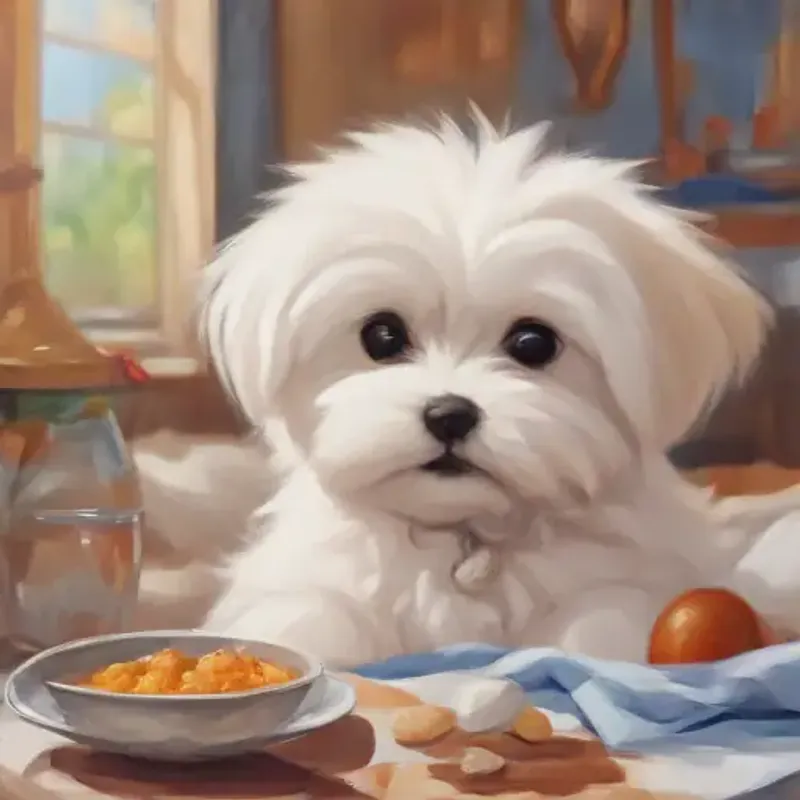 Introducing Playful Maltese puppy with white fluffy fur and bright eyes, eating inside home.