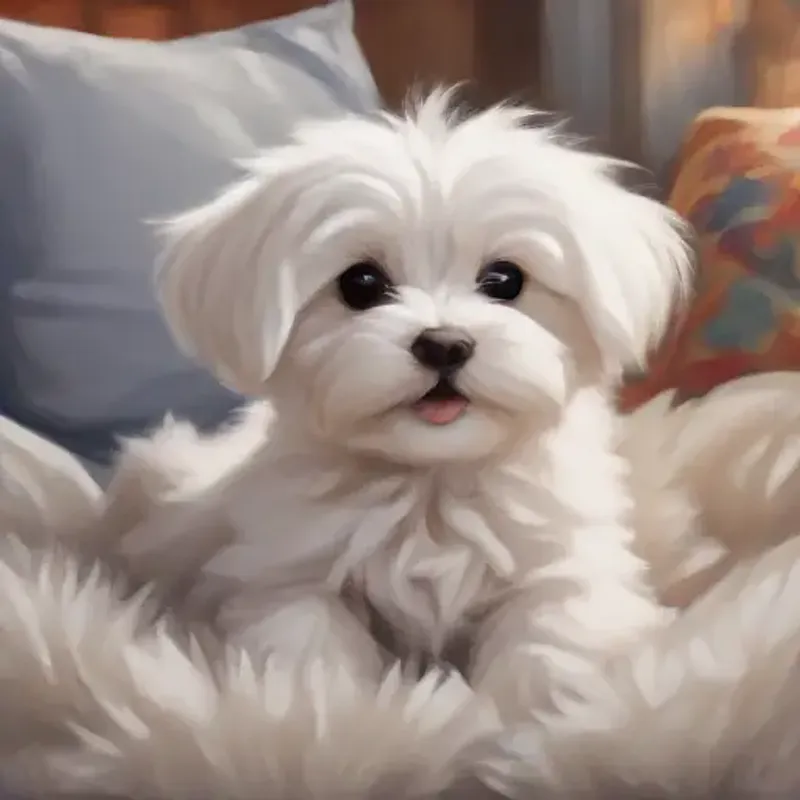 Introducing Playful Maltese puppy with white fluffy fur and bright eyes, having a big smile on a cozy cushion