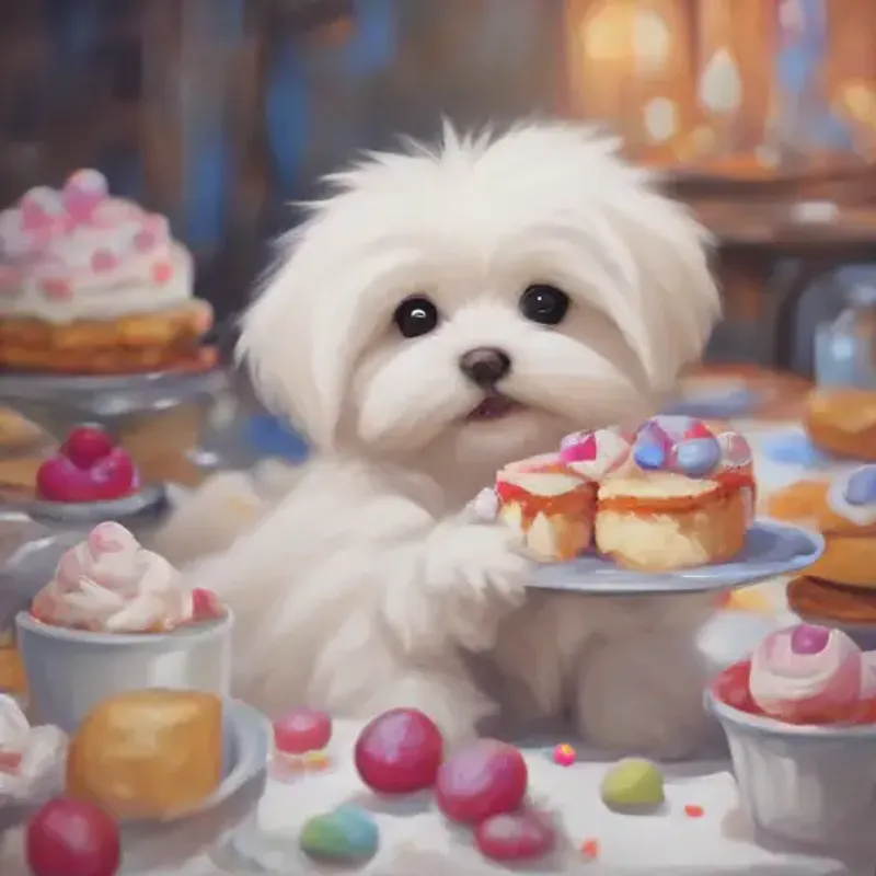 Introducing Playful Maltese puppy with white fluffy fur and bright eyes, crumbles all over its face and mouth, being surrounded by sweet desserts