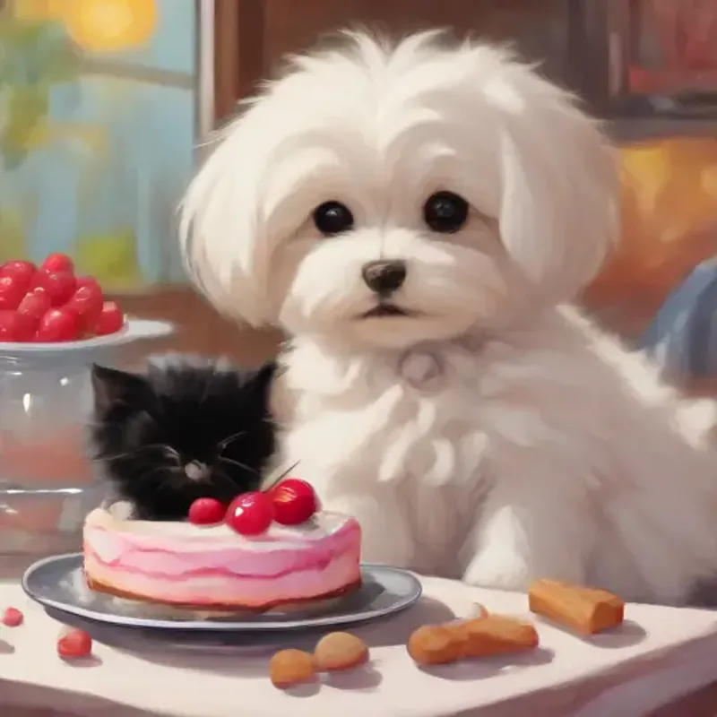 a Maltese puppy with white fluffy fur and bright eyes and a very small black kitten are eating sweet desserts. There're many sweet desserts.