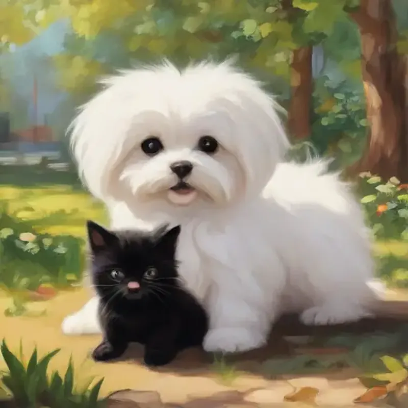 a Maltese puppy with white fluffy fur and bright eyes and a very small black kitten are playing together on the park.