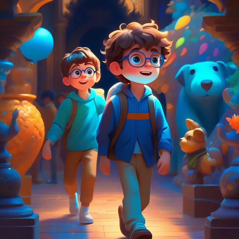 Curious boy with messy brown hair and bright blue glasses enters the museum at night with colorful artwork and lively statues.
