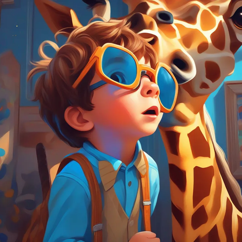 Curious boy with messy brown hair and bright blue glasses plays hide-and-seek with a bowtie-wearing giraffe and the artwork comes alive.