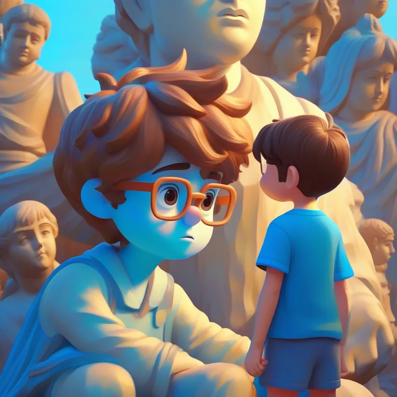 Curious boy with messy brown hair and bright blue glasses comforts a sad statue and teaches the importance of empathy.