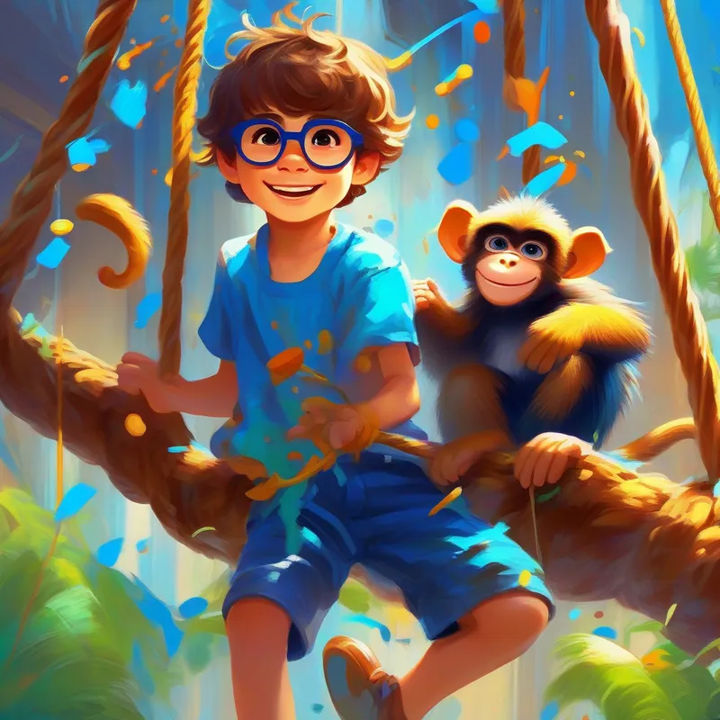 Curious boy with messy brown hair and bright blue glasses has fun with a swinging monkey and a painting that splashes paint.