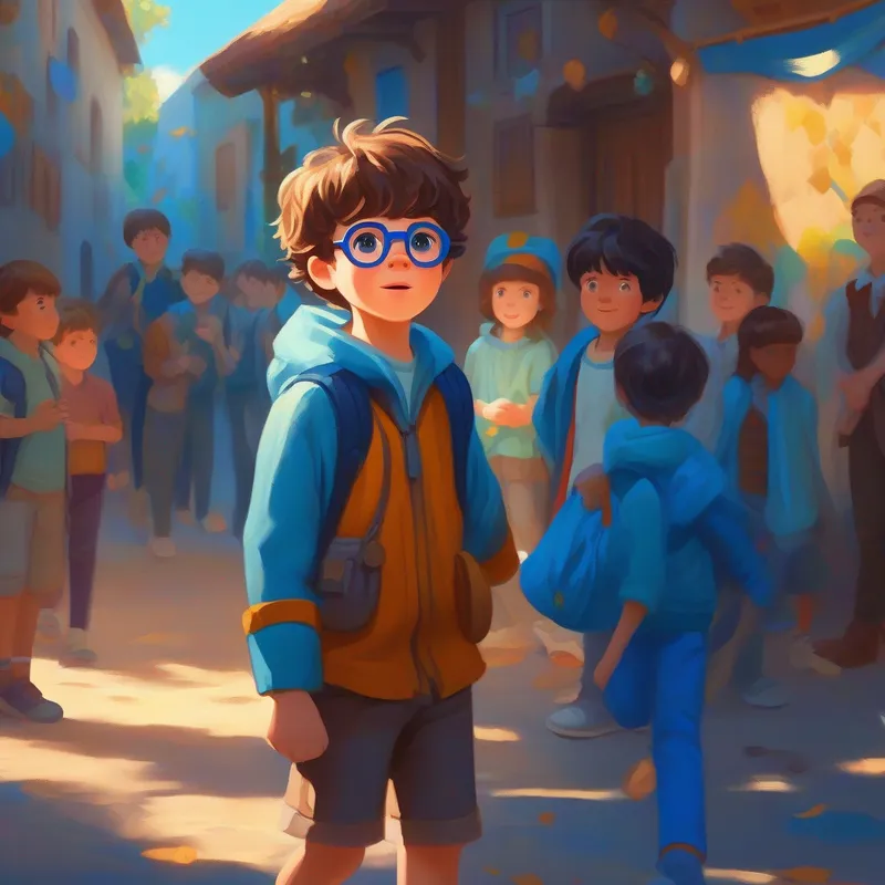 Curious boy with messy brown hair and bright blue glasses says goodbye to the lively characters and learns the value of empathy.