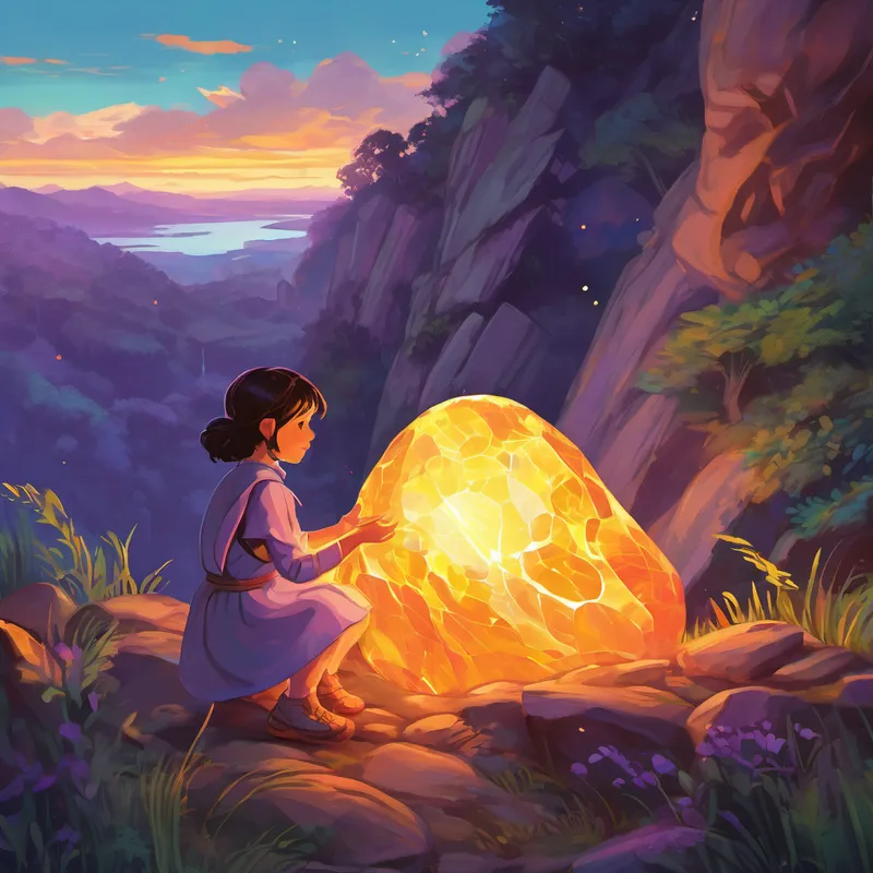 In the middle of the clearing, there it was—a vibrant, glowing stone. Lila's eyes widened with awe and wonder. She picked up the stone cautiously, feeling an immense surge of energy coursing through her fingertips. "What could this be? And why does it glow so brightly?" Lila wondered, her heart filled with excitement. Determined to uncover the stone's origin and purpose, Lila embarked on an incredible journey. With the mysterious stone safely tucked in her pocket, she set off into the unknown, leaving behind her village and loved ones. Along her path, Lila encountered magical creatures unique to each step she took.