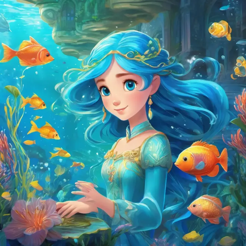 The story begins in a magical kingdom underwater, where the Lily, the Water Princess, has long blue hair and sparkling blue eyes lives in a beautiful palace surrounded by fish and sea creatures.