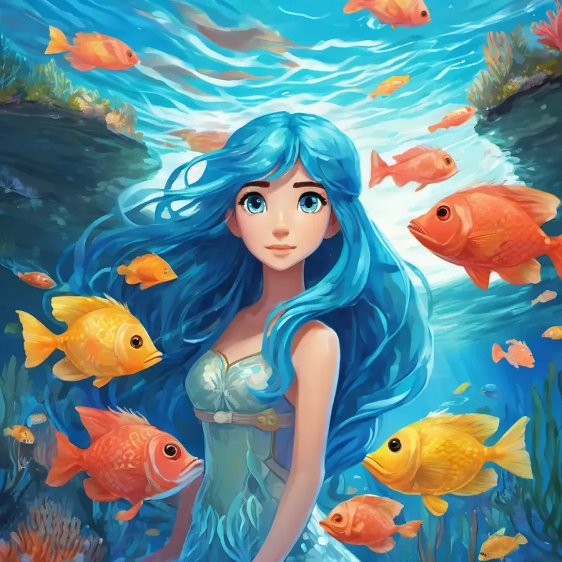 The Lily, the Water Princess, has long blue hair and sparkling blue eyes enjoys exploring the ocean, swimming through coral reefs, and finding hidden treasures.