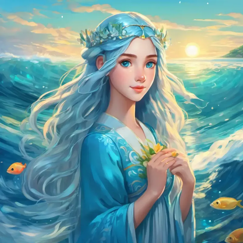 The Lily, the Water Princess, has long blue hair and sparkling blue eyes becomes a hero and inspires others to take care of the ocean.