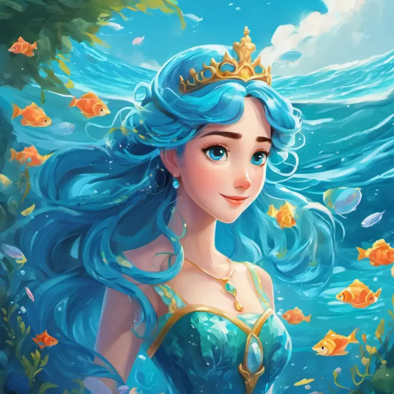 The Lily, the Water Princess, has long blue hair and sparkling blue eyes lives happily ever after, continuing to explore the ocean and protect her underwater kingdom.