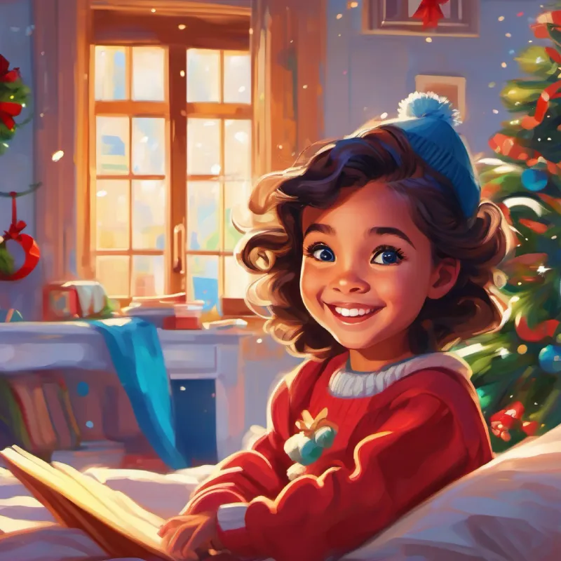 Young girl, light skin, bright blue eyes, mischievous smile wakes, excited, bedroom bright and joyous.