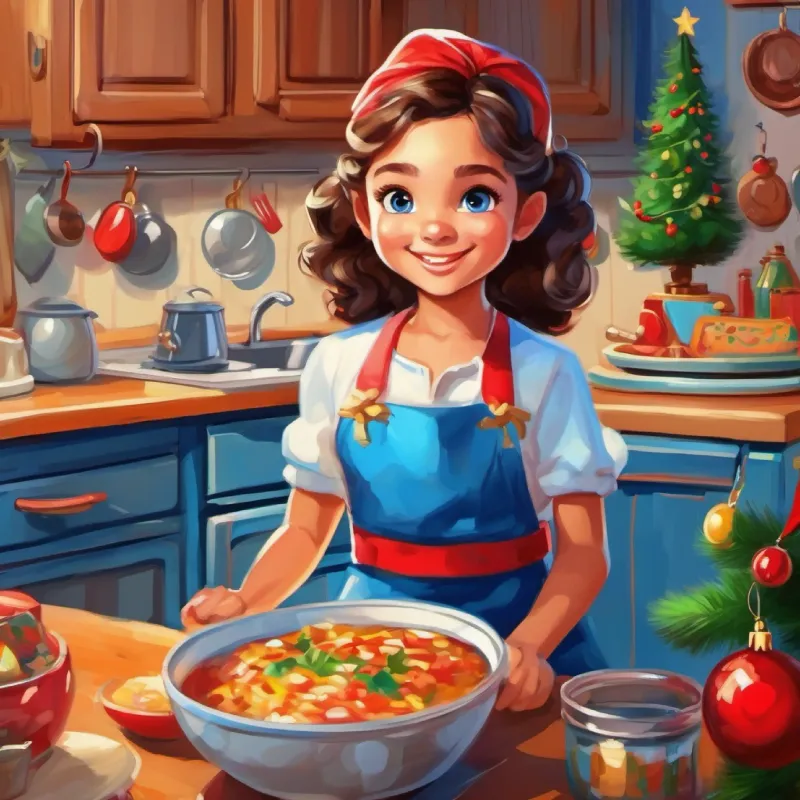 Young girl, light skin, bright blue eyes, mischievous smile plotting pranks, kitchen busy with family.