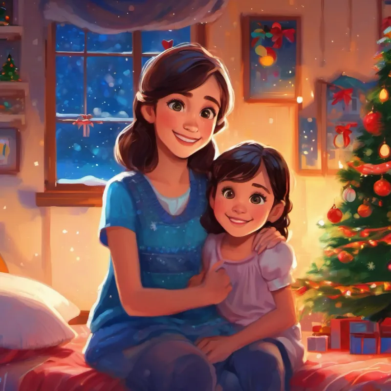 Ending night, Young girl, light skin, bright blue eyes, mischievous smile's room, family showing affection.