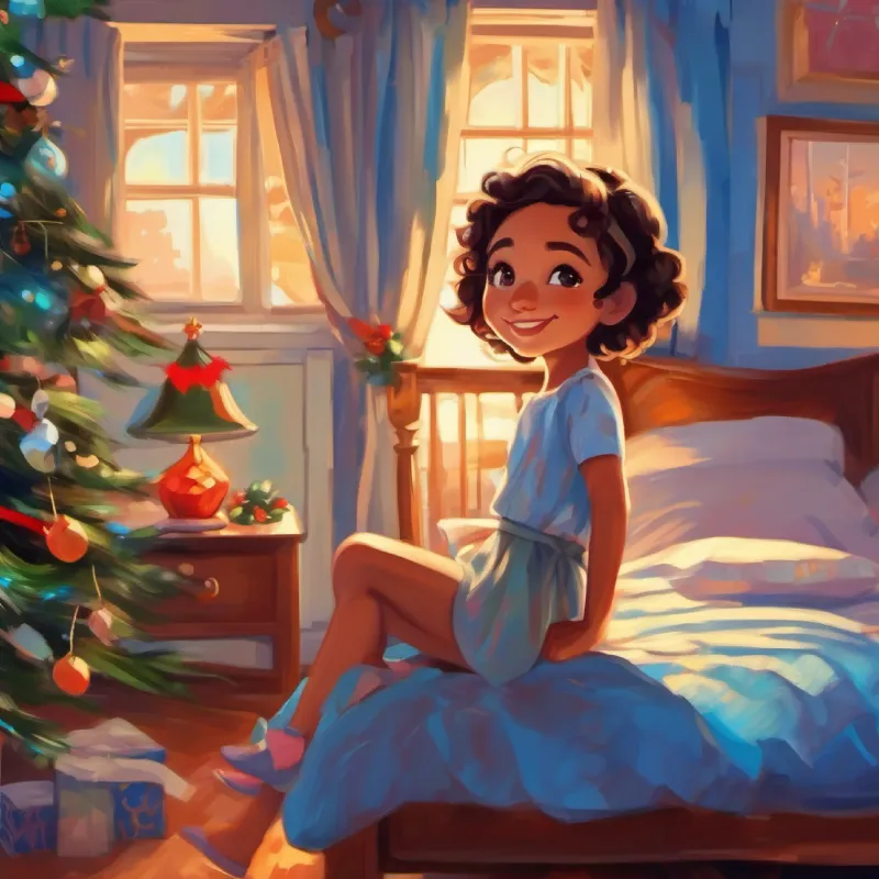 Young girl, light skin, bright blue eyes, mischievous smile's reflection, bedroom, content and sleepy.