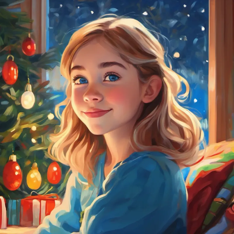 Young girl, light skin, bright blue eyes, mischievous smile asleep, peaceful room, the end of April Fool's.