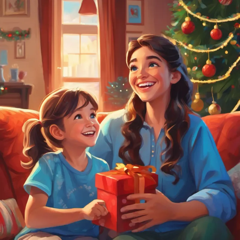 Young girl, light skin, bright blue eyes, mischievous smile pranks dad, living room, family laughing together.