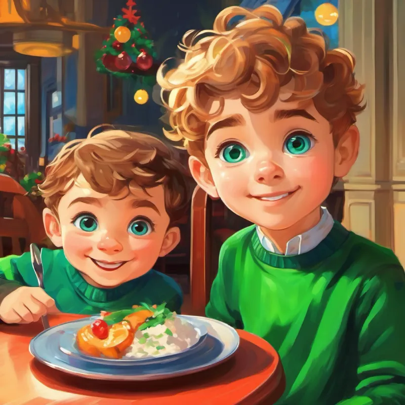 Little boy, light skin similar to Young girl, light skin, bright blue eyes, mischievous smile's, curious green eyes fooled at lunch, dining room, initial disgust to laughter.