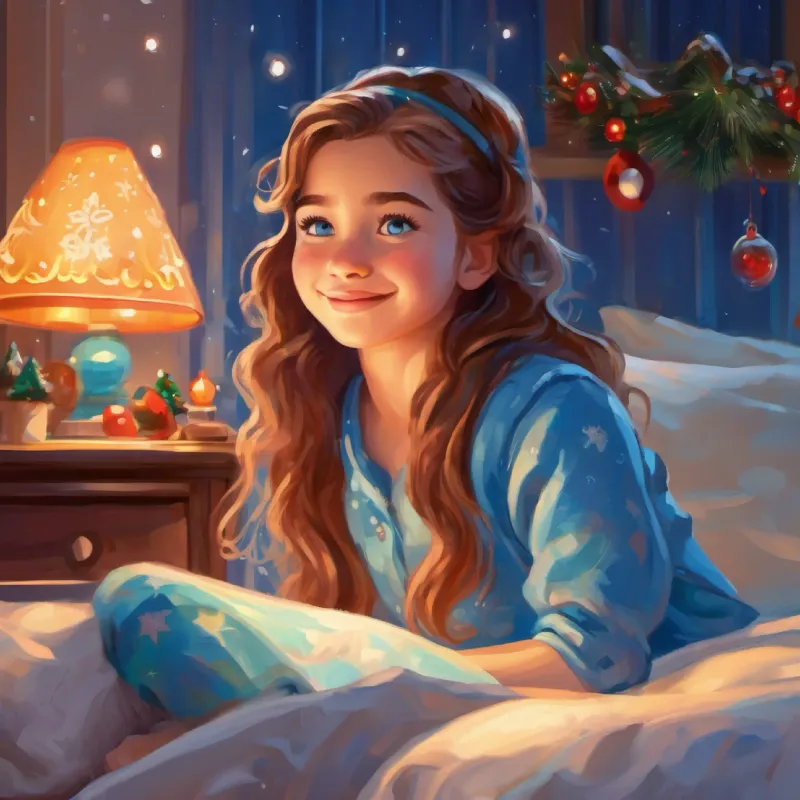 Young girl, light skin, bright blue eyes, mischievous smile's bedtime, her room, feeling lonely.