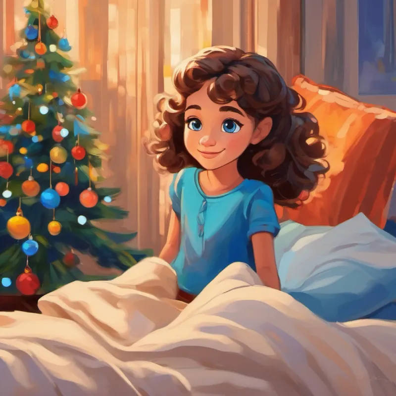 Young girl, light skin, bright blue eyes, mischievous smile contemplating, bed, realization about family togetherness.