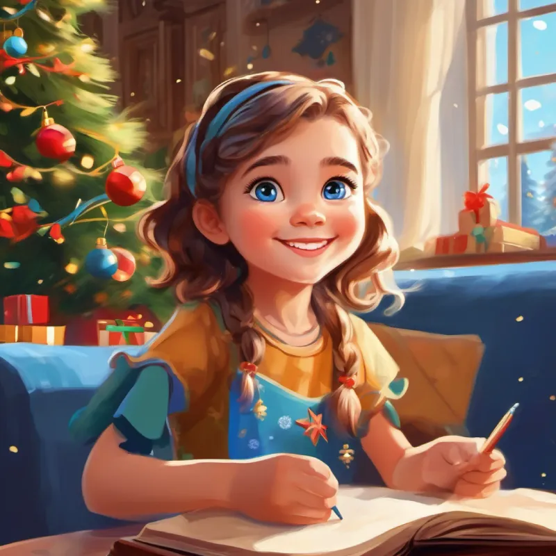 Young girl, light skin, bright blue eyes, mischievous smile's idea, living room, gathering family for story time.