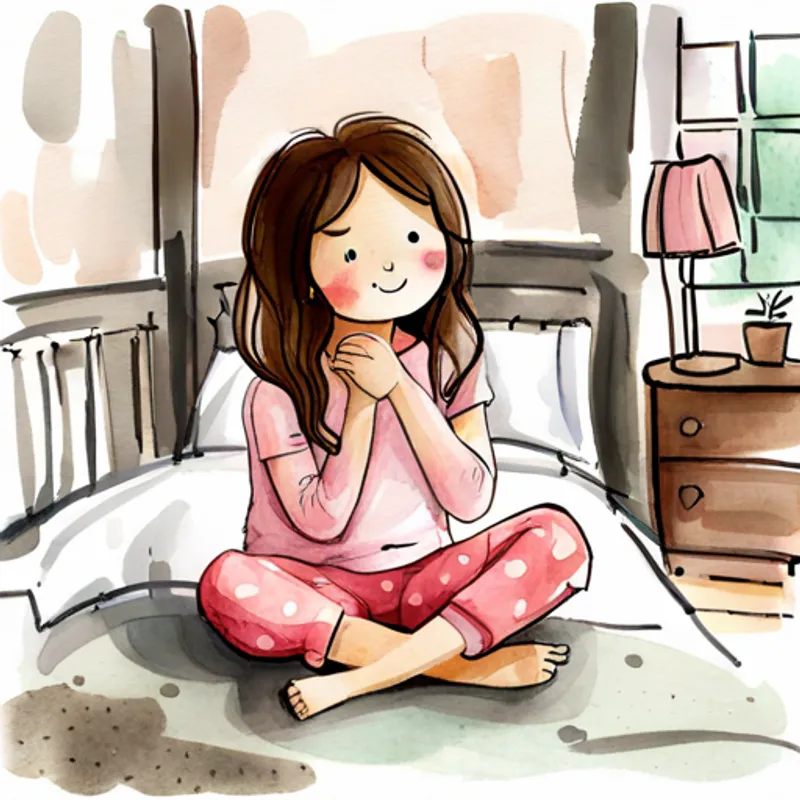 Little girl with brown hair wearing pink pajamas sitting on her bed, dreaming of adventure