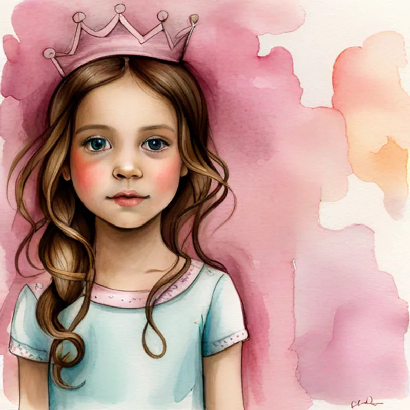 Little girl with brown hair wearing pink pajamas wearing a sparkly crown and a flowing gown
