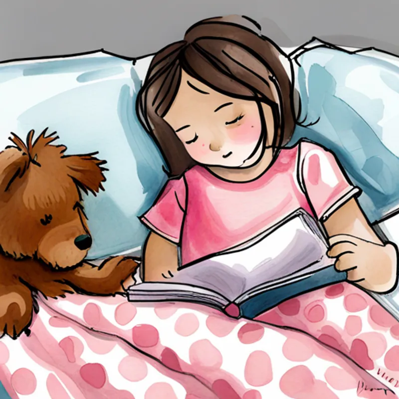 Little girl with brown hair wearing pink pajamas snuggled with her stuffed animal, reading a book